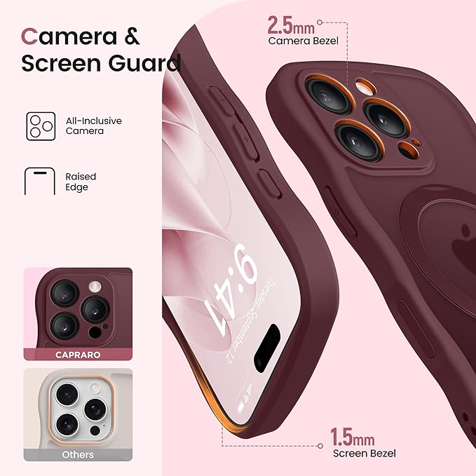 CAPRARO for iPhone 16 Pro Max Case with 360° Spin Magnetic Stand for Women, [Compatible with MagSafe] [Full Camera Protection] Cute Wave Translucent Matte Case for iPhone 16 Pro Max, Wine Red