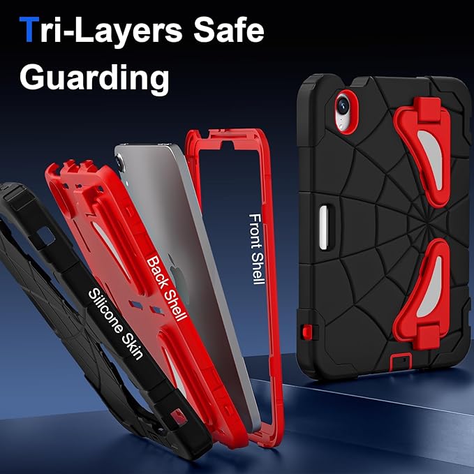 AKABEILA Compatible with Apple iPad mini 6 2021/iPad mini 7 2024 Tablet Case，Lightweight Shockproof Rugged Protective Cover with Kickstand for Kids Children Boys Babies Black Red