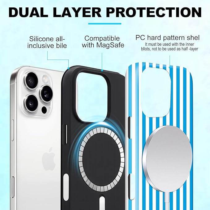Magnetic for iPhone 15 Pro Max Case Cute Stripes Phone Case, Shockproof Slim TPU and Hard PC Protective Phone Cover Compatible with MagSafe Designed for Women Girls, Deep Blue