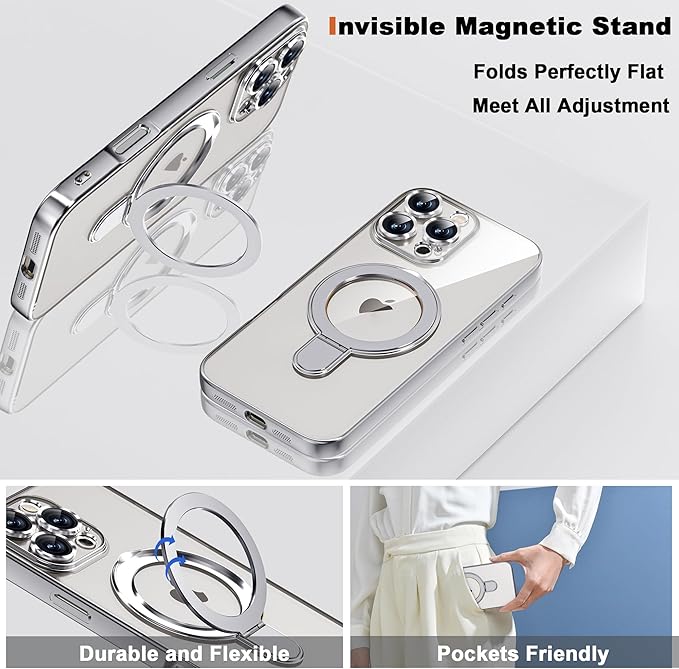 Compatible with iPhone 16 Pro Case with Invisible Magnetic Ring Stand [Compatible with Mag-Safe] [Full Camera Lens Protector] Plating Clear Phone Case for iPhone 16 Pro 6.3", Silver