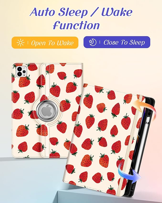 Kidcube for iPad Pro 13 Inch Case M4 2024 - Women Girls Kids Cute Rotating Stand Folio Cover with Pencil Holder & Card Slot Pretty Strawberry Design for iPad Pro 13 Inch Case 2024 (A2925 A2926 A3007)