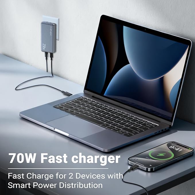 MINIX 70W Flat USB C Wall Charger Block, Slim & Flodable Dual Type C GaN Charger Plug Fast Charging for iPhone 17/16/15 Series, MacBook Air, iPad Pro, Galaxy S25/S24, Pixel 10/9, Steam Deck