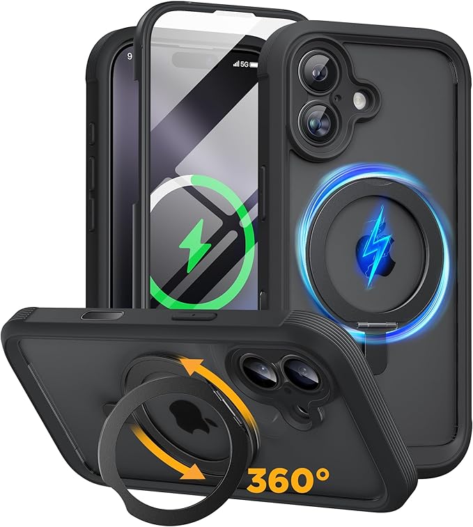 Miracase for iPhone 17 Case with 360° Magnetic Ring Stand [Compatible with Magsafe] Full-Body Drop Proof Bumper Phone Case with Built-in 9H Tempered Glass Screen Protector,Black