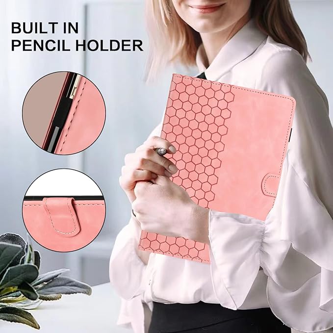 DTangLsm for iPad A16 Case iPad 11th Generation Case 11-inch 2025, iPad 10th Generation Case 10.9-inch 2022, Smart PU Leather Folio Stand Cover with Pencil Holder, Auto Wake/Sleep, Honeycomb Pink