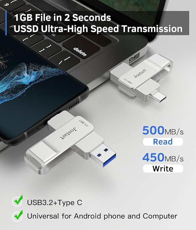 JOSTART USB C Flash Drive 1 TB, 500MB/s High Speed Thumb Drive, USB 3.2 + Type C Dual Drive, Portable Memory Stick for iPhone15/16/PS4/Tablet/Laptop/PC Data Backup, Sliver