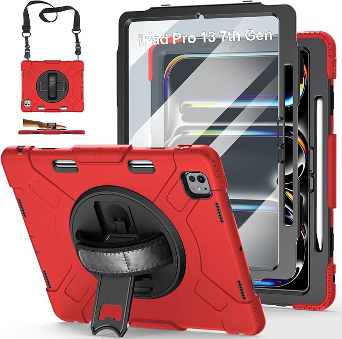 Case for iPad Pro 13 Inch M5 2025/ M4 2024: Military Grade Cover for iPad Pro 13" with Screen Protector - Stand - Handle - Shoulder Strap - Pencil Holder- Red