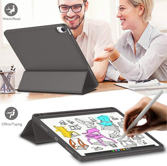 iMieet iPad Air 11 Inch Case M4/M3/M2(2026/2025/2024), iPad Air 5th/4th Generation Case 2022/2020 10.9 Inch with Pencil Holder,Trifold Stand Smart Case with Soft TPU Back(Dark Gray)