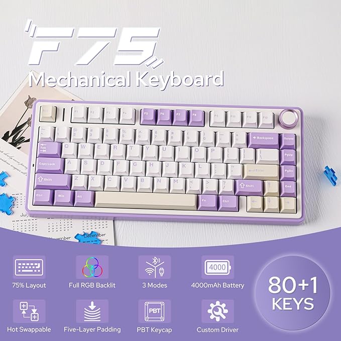 EPOMAKER x Aula F75 Gasket Mechanical Keyboard, 75% Wireless Hot Swappable Gaming Keyboard with Five-Layer Padding&Knob, BT/2.4GHz/USB-C, RGB (Purple, LEOBOG Reaper Switch)