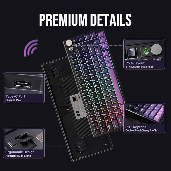 EPOMAKER HE75 Mag Wireless Gaming Keyboard with Hall Effect Switch and Changeable Knob Module, Rapid Fast Magnetic Keyboard with Adjustable Trigger, USB-C/2.4G/Bluetooth, RGB Backlit (Black Purple)