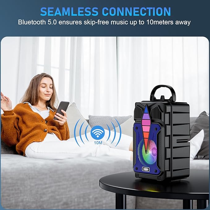 Dnil Portable Speaker with Voice Control, RGB Multi-Color Rhythm Light, Support TWS Pairing, Support USB/TF/FM/AUX Connection, Suitable for Home Party or Outdoor Use (Blue)