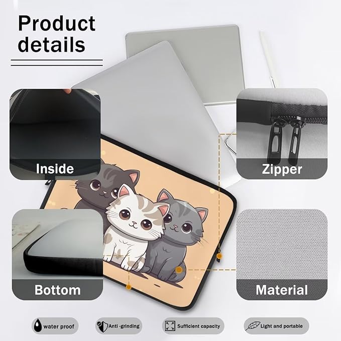 Cute Cat Laptop Sleeve for Women Teen Girls 15 inch Laptop Protector with Multiple Uses Lap Top Case Lightweight Computer Carrying Case Kawaii Tablet Bag for Daughters Brown