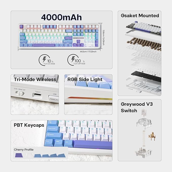EPOMAKER Aula F108 Wireless Gaming Keyboard, Full Size Mechanical Keyboard with 4000mAh Battery, 108 Hot-Swappable and Programmable Keys, RGB Backlight, for Mac/PC/Android (White&Blue)