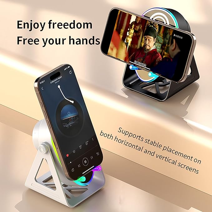 5 in 1 Induction Bluetooth Speaker with Phone Stand, 1800mAh RGB Lighting Induction Speaker, 360° Surround Sound, 4-13" Device Fit, Ideal for Men Women, Parties, Gaming