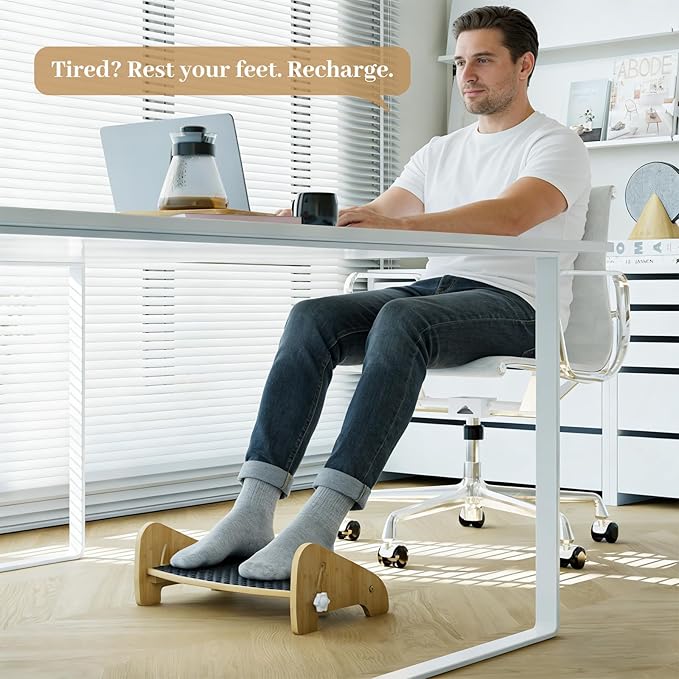 Foot Rest Under Desk, Bamboo Adjustable Footrest with 4 Angles, Ergonomic Foot Stool for Under Desk at Work, Office Non-Slip Desk Foot Rest with Massage Surface, Improves Posture