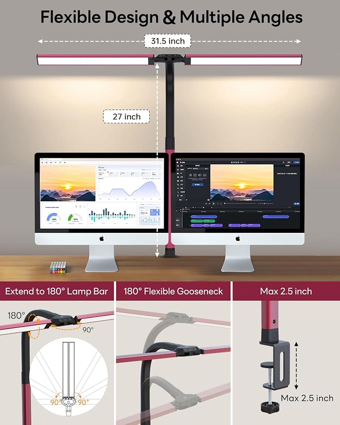 LED Desk Lamp for Home Office, Eye-Caring Desk Light with Clamp, Stepless Dimming 24W Double Head Architect Task Lamp with Remote Control, Flexible Arm for Working Studying Reading Drafting（RED)