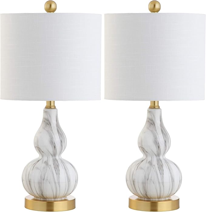 JONATHAN Y 20.5" Black/White Glass Table Lamp, Modern Gourd Bedside Nightstand Lamp for Bedroom, Living Room, White Linen Shade, LED Bulb Included (JYL1028D-SET2)