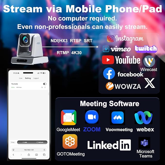 zowietek 4K PTZ Camera, ZowiePTZ, Ergo-Ease Remote Control(No Battery), ZowieX APP Manager, 18X Optical+12X Digital Zoom, SDI/HDMI/USB, RTSP/RTMP(s)/SRT Stream, Meeting, Church, Event, Teaching