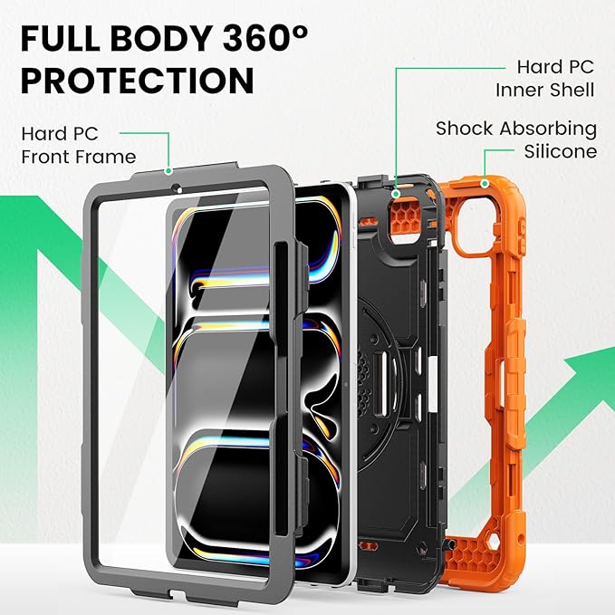 SEYMAC for iPad Pro 11 Inch Case M5 2025 / M4 2024, Heavy Duty Shockproof Protective Case with Screen Protector, 360° Rotating Stand, Hand/Shoulder Strap and Pen Holder, Orange