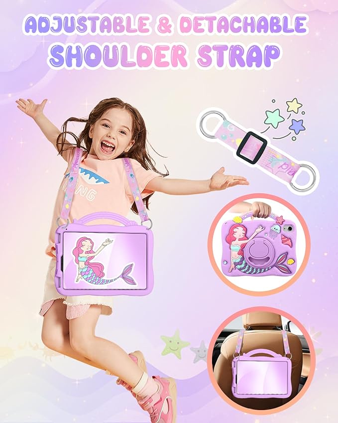 Boaretiu for iPad mini 6 Case/Mini A17 Pro Case - 3D Cute Cartoon Mermaids Girls Teens Soft Silicone for iPad mini 7/6 8.3 Inch Tablet Cover with Strap & Rotating Stand