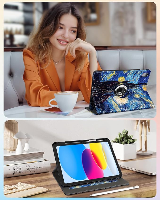 Kidcube for iPad 10th Generation Case 2022, for iPad (A16) Case 11th Generation 2025 - for Women Girls Kids Cute Rotating Stand Folio Cover with Pencil Holder & Card Slot Cool Design Teens Cases