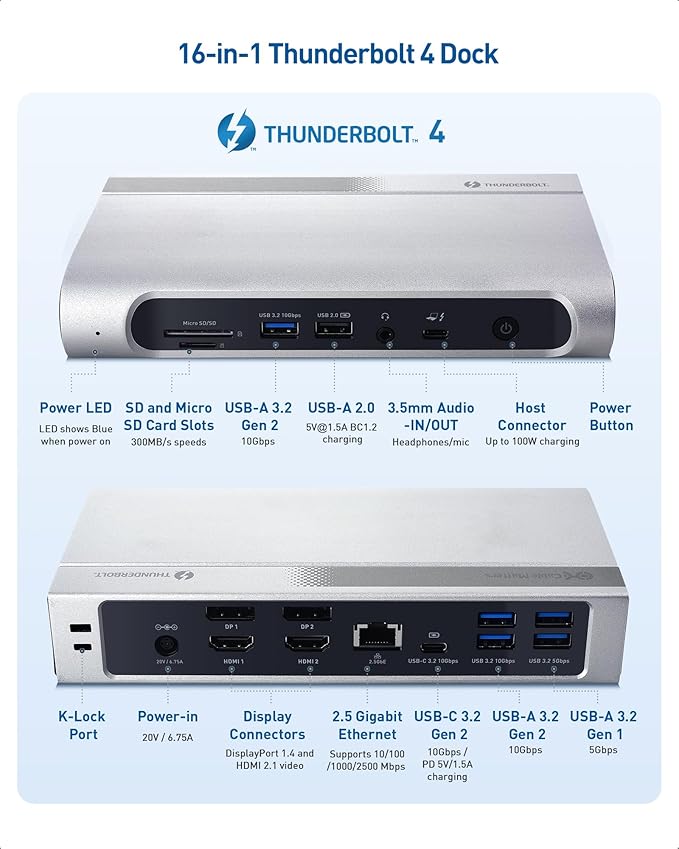 [Intel Certified] Cable Matters 16-in-1 40Gbps Thunderbolt 4 Dock with Thunderbolt Share - Quad 4K Video(2X DP, 2X HDMI) for Windows, Dual 4K (DP or HDMI) for MacBook Pro M1/M2/M3/M4 Pro/Max, 100W PD