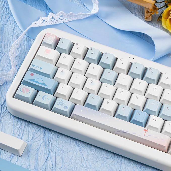 PBT Keycaps-White Blue Key caps 60 65 75 Percent, Cute Keycaps Custom 118 Keys, Cherry Profile for 61/68/84/87 Cherry Gateron MX Mechanical Keyboard