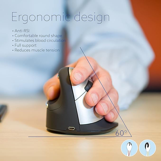 R-Go HE Vertical Ergonomic Mouse Wireless, Large Left Hand, 1750 DPI, 5 Buttons, Prevents Tennis Elbow/Mouse Arm RSI- Compatible Windows/Mac, Black/Silver