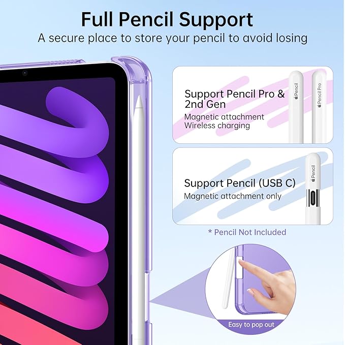 MoKo for iPad mini 7 A17 Pro Case 2024, iPad mini 6th Generation Case 8.3 Inch 2021 with Pencil Holder, Slim Light Trifold Smart Protective Cover with Hard PC Translucent Back Shell, Lilac