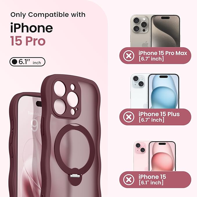 CAPRARO for iPhone 15 Pro Case with 360° Spin Magnetic Stand for Women, [Compatible with MagSafe] [Full Camera Protection] Cute Wave Translucent Matte Case for iPhone 15 Pro, Wine Red