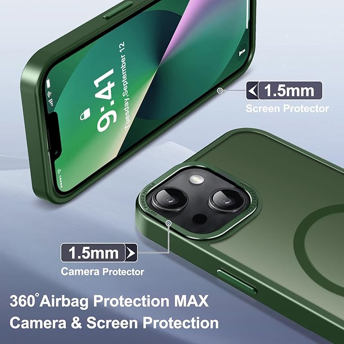 Newfuture Designed for iPhone 13 Case & iPhone 14 Case with Magnetic [13 FT Military Drop Protection] [Compatible with Magsafe] Slim Translucent Shockproof with Anti-Fingerprint Phone Case, Dark Green