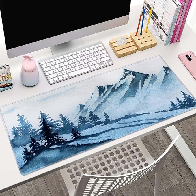 Watercolor Winter Mountains Landscape Desk Mat, Extended Big Mouse Mat for Home and Office, Large Gaming Mousepad Laptop Keyboard Mat with Non-Slip Rubber Base, Stitched Edges (31.50"x11.8"x0.12")