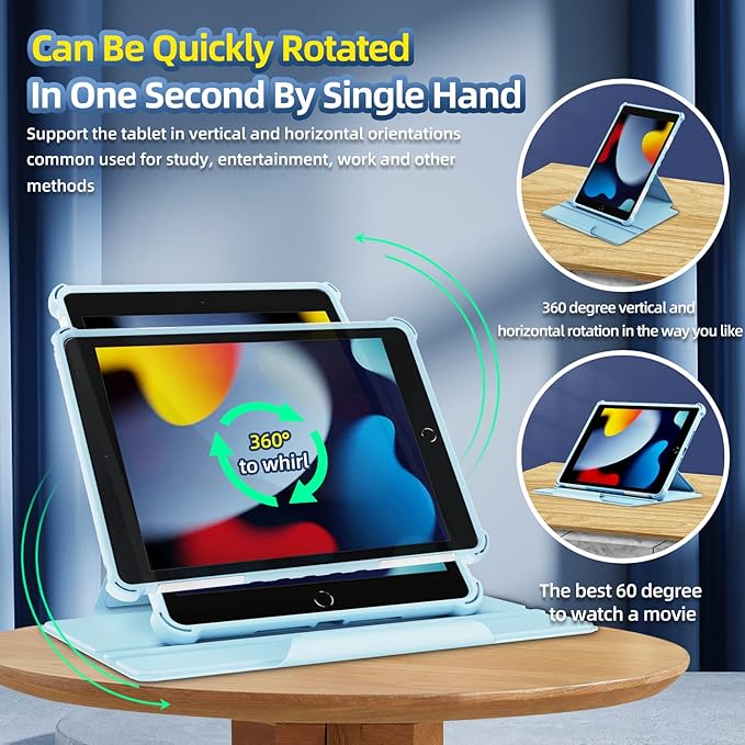 Smart Rotating Case for iPad 9th/8th/7th Generation 10.2" (2021/2020/2019), Techcircle Hybrid TPU+PC Magnetic Cover Soft Bumper [Corner Protection] Slim Folio Shockproof Protective Case-Baby Blue