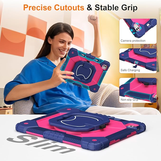 Case for iPad Pro 13 Inch M5 2025 / M4 2024, Auorld for iPad Pro 13 Inch M5 2025 with Screen Protector, 360 Degree Rotating Stand Shoulder Strap Pencil Holder, Navy Pink
