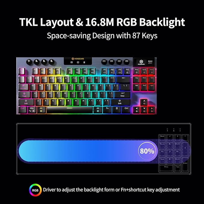 Hexgears Immersion A3 Low-Profile Wireless Mechanical Keyboard, TKL Hot-Swappable Aluminum Gaming Keyboard, BT5.0/2.4GHz/USB-C Linear Switches, RGB Backlit, TFT Screen & 5800mAh Battery for Pc/Mac