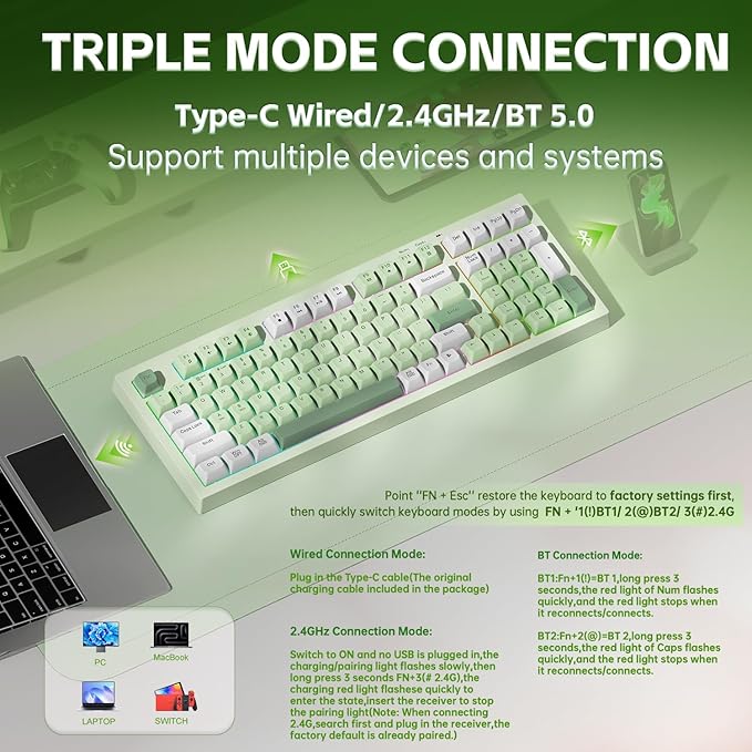 Aula Keyboard, Wireless Gaming Keyboard Bluetooth Computer Keyboards Creamy Color Cute Fun Quiet Keyboard with Number Pad Light Up RGB Backlit Tri-Mode BT/2.4GHz/USB-C - K99 Green