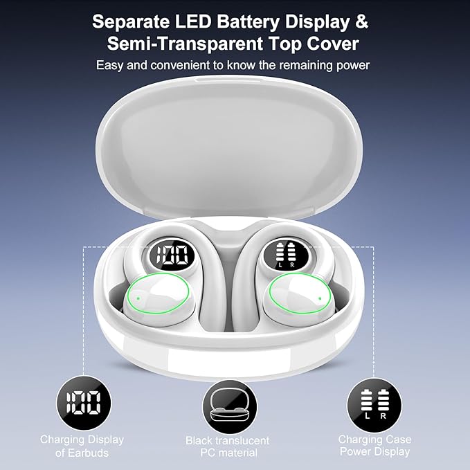 Wireless Earbuds, Bluetooth 5.4 Headphones Sport, Over Ear Buds With ENC Noise Cancelling Mic, 48H, Wireless Earphone With Earhooks, Stereo Deep Bass, IP7 Waterproof Headset for Workout, White
