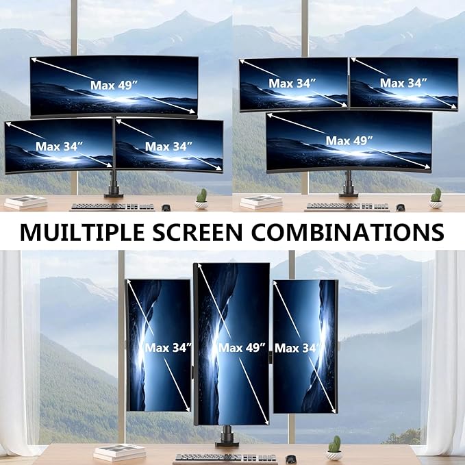 WALI Triple Monitor Mount - Extra Tall 3 Monitor Desk Mount for 13-49 Inch Ultrawide Screens, Up to 44 lbs, Fully Adjustable Heavy Duty Monitor Arm, VESA 75/100 mm (GSDM003-P), Black