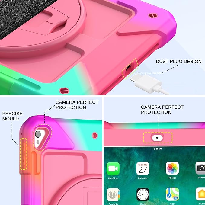 BMOUO Case for iPad 6th/5th Generation Case (9.7 inch, 2018/2017), 360°Rotating Stand, Hand/Shoulder Strap Shockproof iPad 9.7” Case for iPad Air 2, Rose