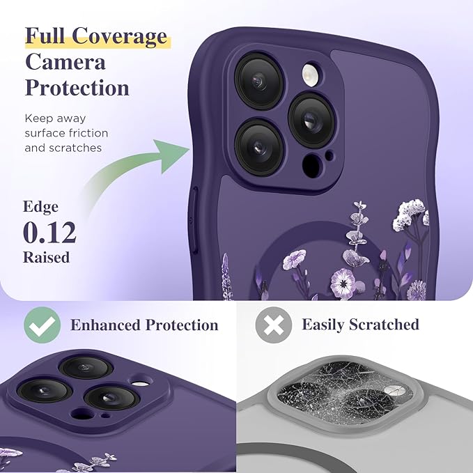 GVIEWIN for iPhone 14 Pro Max Case Compatible with MagSafe [Curly Wave Edge][Full Camera Protection] Floral Translucent Shockproof Magnetic Women Phone Case for 14 Pro Max, Floratopia/Deep Purple