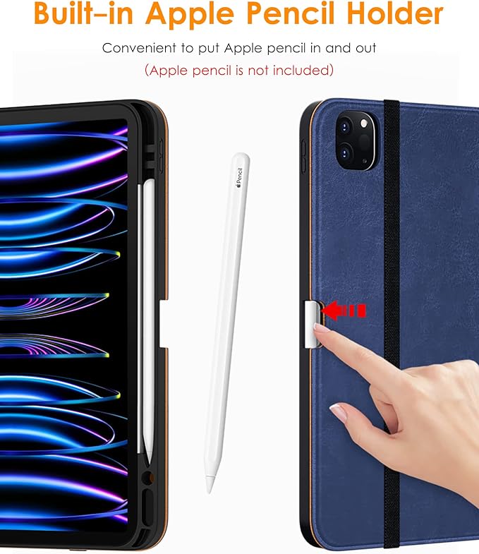 DTTO for iPad Pro 12.9 6th / 5th / 4th / 3rd Generation Case 2022/2021/2020/2018, Leather Folio Stand Cover with Built-in Apple Pencil Holder -Auto Wake/Sleep and Multi Viewing Angles, Navy Blue