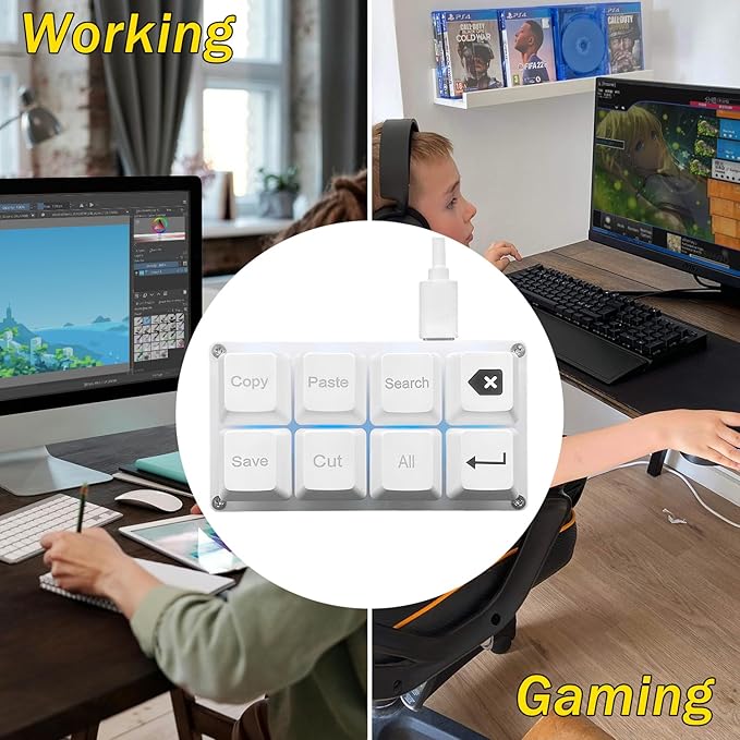BTXETUEL Copy Paste Search Backspace Save Cut All Enter 8-Key Keyboard SayoDevice One Handed OSU Keypad Programmable Mechanical Shortcut Macro Keyboard for Working and Gaming (White)