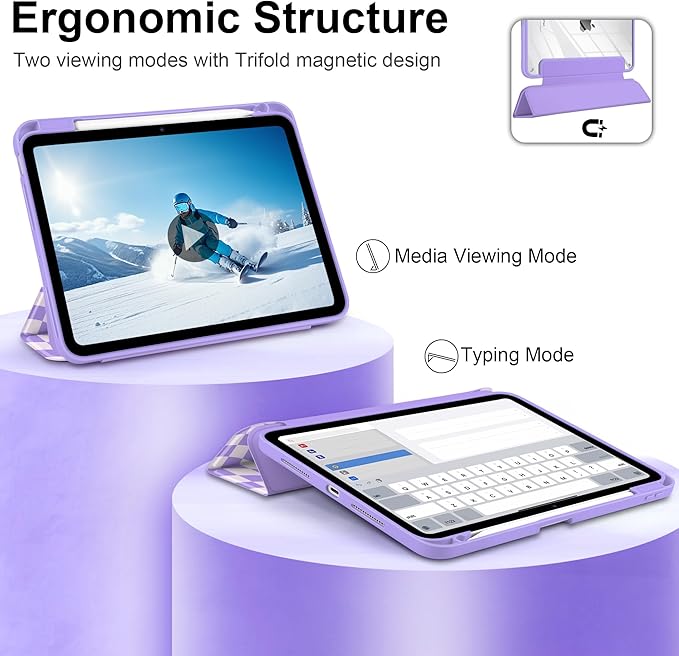 TWOLSKOO Case for iPad Pro 11-inch (M5 2025 / M4 2024), Clear Acrylic Back with TPU Bumper, Pencil Holder, Trifold Stand, Auto Sleep/Wake, Purple Wavy Checker