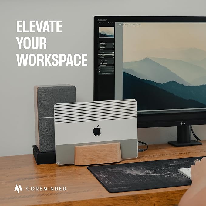 COREMINDED Adjustable Vertical Laptop Stand for Desk, Wooden Laptop Holder, MacBook Pro Stand, Wood Mac Air Dock (Solid Oak)