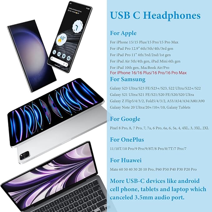 USB C Headphones for iPad A16/iPhone 17 Pro Max 16 15 Plus, HiFi Stereo Type C Earphones USB-C Wired Earbuds with Mic Volume Control for Samsung S26/S25 S24/S23/S22/S21/Pixel 10 9 8 7 6 Pro, Mint
