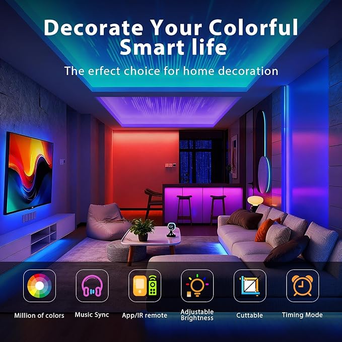 DAYBETTER Led Strip Lights 50 ft, Music Sync RGB Led Light Strips with Remote and App Control, Color Changing Led Lights for Bedroom, Home, Kitchen, Party, Room Decor