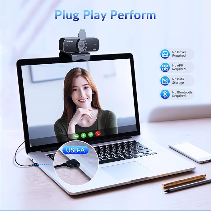 4K Webcam for PC with 2 Noise-Cancelling Microphones, Stable Auto Focus, Plug&Play Computer Camera for Online Teaching, Meetings, and Remote Communication (with Tripod)