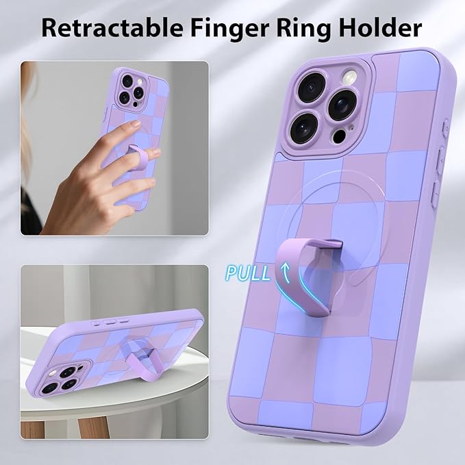 KANGHAR Compatible with iPhone 16 Pro Max Case, Support for MagSafe, Silicone Checkered Cute Pattern, Wristband Kickstand Camera Protection Soft Slim Cover for Girls Women -Purple