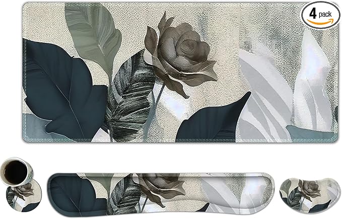DINKY Keyboard Mouse Pad Set, Large Gaming Mousepad + Memory Foam Ergonomic Keyboard Wrist Rest Support, Easy Typing Pain Relief, 4Pcs (35.4" x 15.7") Extended Desk Mat-Tropical Rose