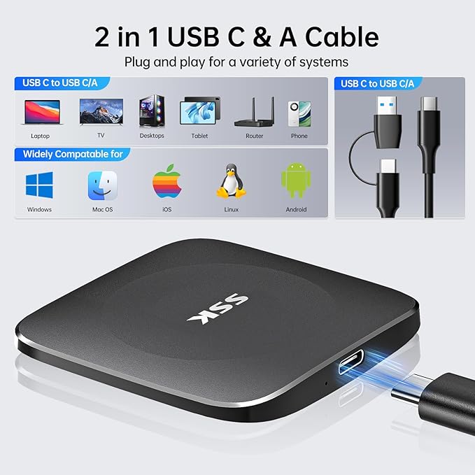 SSK External Drives 1TB,Portable SSD Speed up to 550MB/s Hard Drive Type C+USB A Fast Solid State Drives USB-3.2 GEN2 SSD-Drive USB-Data Storage for iPhone 15/Android/Windows/Mac/Xbox