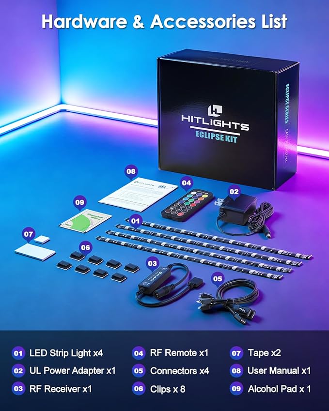 HitLights LED Strip Lights, 4 Pre-Cut Waterproof RGB Small LED Light Strip Kit Dimmable Color Changing SMD 5050 LED Tape Light with RF Remote, UL-Listed Power Supply and Connectors for TV Bedroom Home